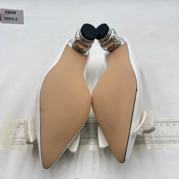 FSJ White Pointed Toe Crystal Pump Rhinestone Bow Block Low Heel Slip On Shoes - Picture 7 of 8